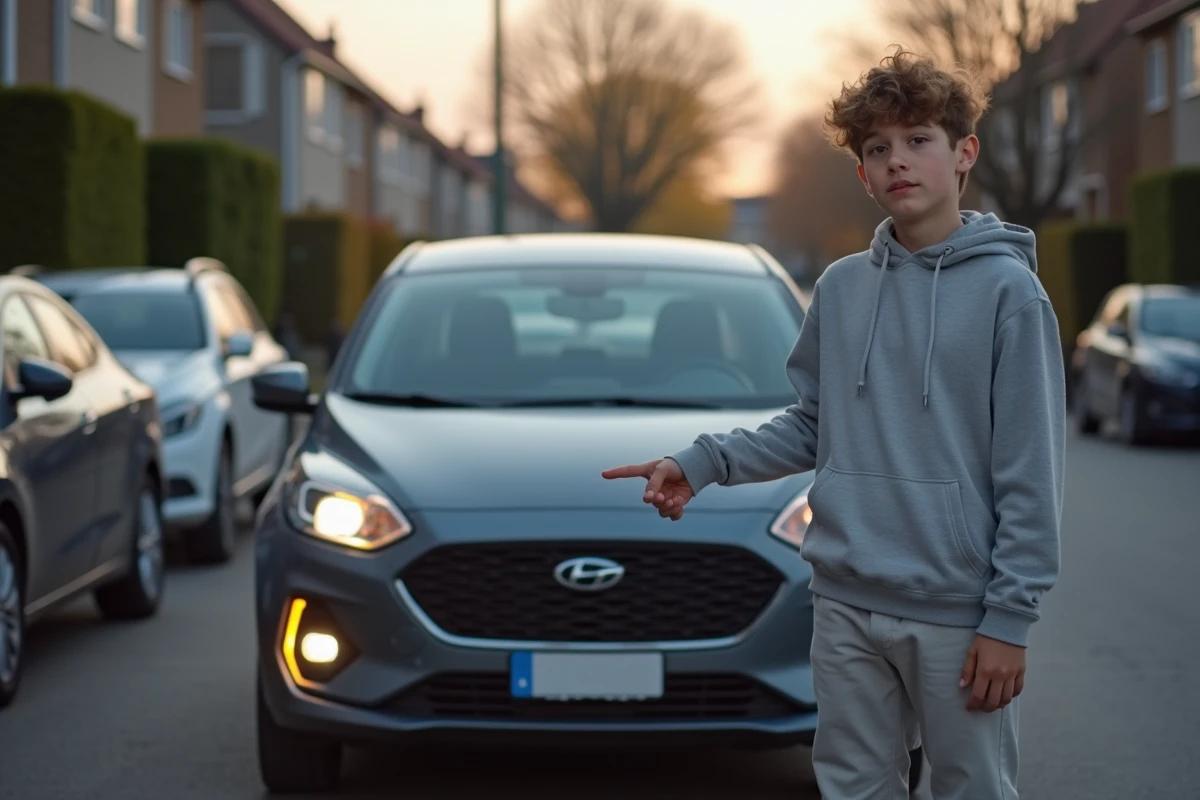 Adolescent pointant les feux de brouillard de la voiture