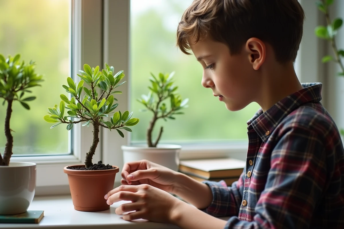 Adolescent inspectant un petit bonsaï de chêne