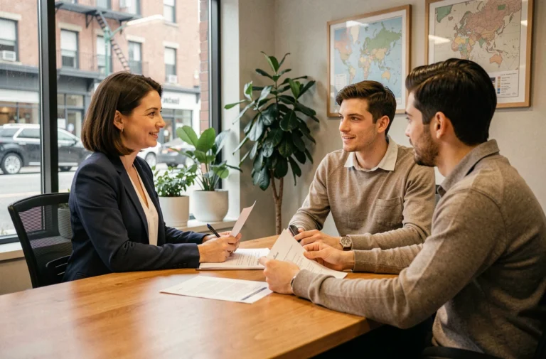 Agent immobilière en réunion avec un couple dans une agence immobilière moderne pour discuter d'un projet d'achat