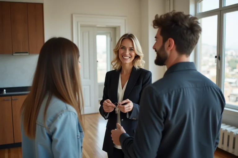 Agent immobilier souriante remettant des clés à un jeune couple