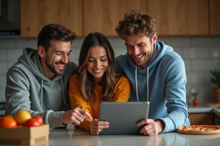 Groupe d'amis réunis autour d'une tablette pour regarder un match de football en streaming dans une cuisine