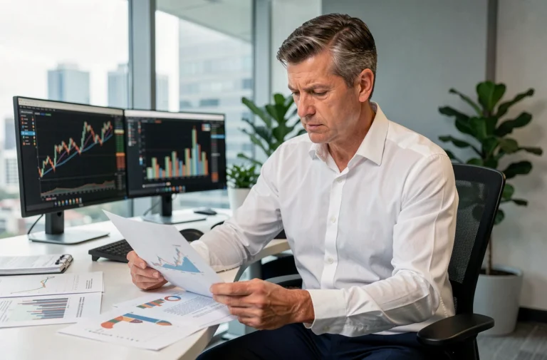 Analyste financier masculin étudiant des graphiques d'évolution de l'indice boursier PX1 dans un bureau moderne