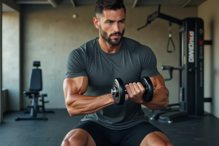 Homme musclé utilisant des haltères réglables dans une salle de musculation à domicile moderne