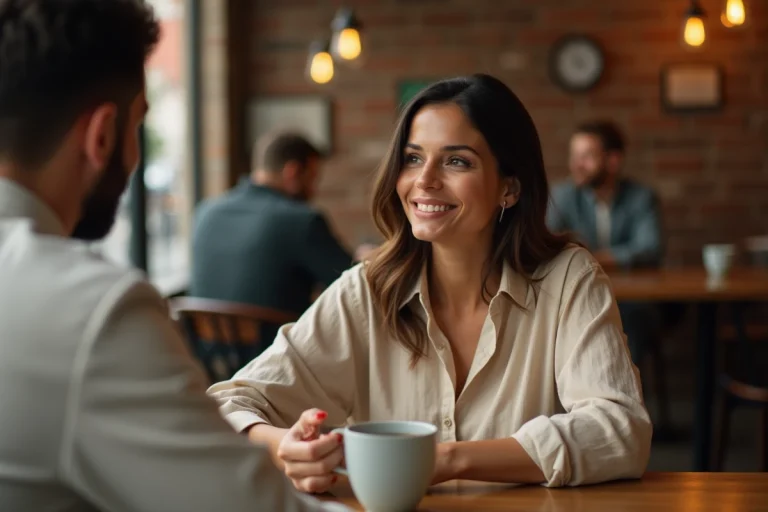Femme prononçant le prénom de son interlocuteur dans un café chaleureux, symbole de connexion personnelle et d'intimité relationnelle