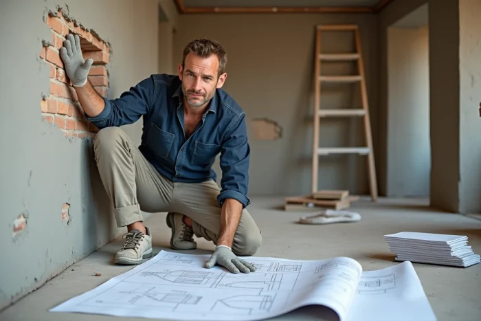 Artisan local examinant des plans de rénovation devant un mur en travaux dans une maison
