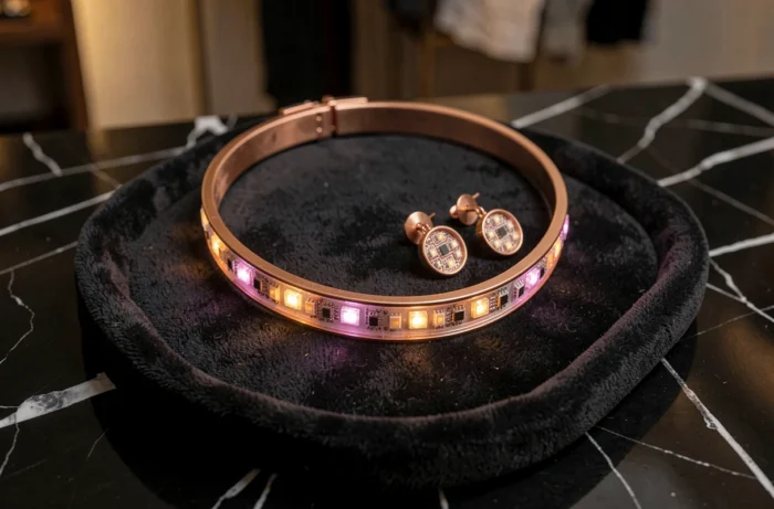 Gros plan sur un collier LED et des boucles d'oreilles lumineuses rose gold sur velours noir dans une boutique de bijoux