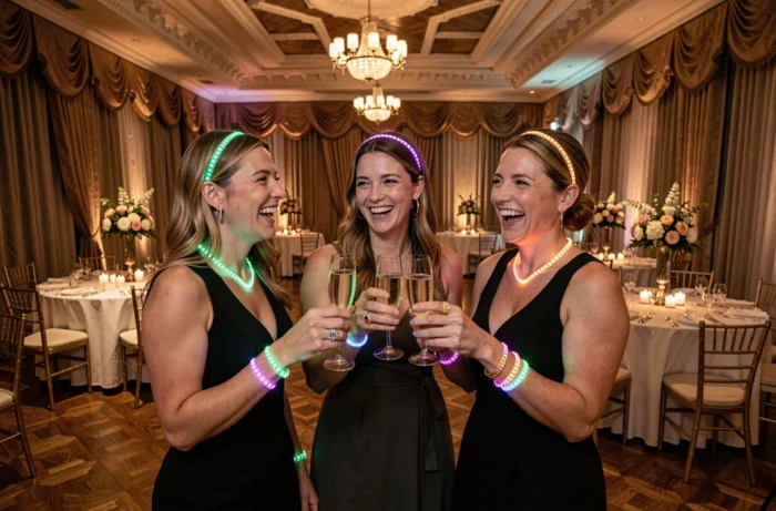 Trois femmes riant et portant des bijoux LED colorés lors d'un gala intérieur avec décoration élégante