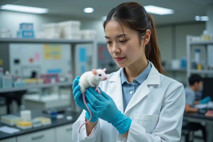 Jeune scientifique tenant une souris dans un laboratoire moderne