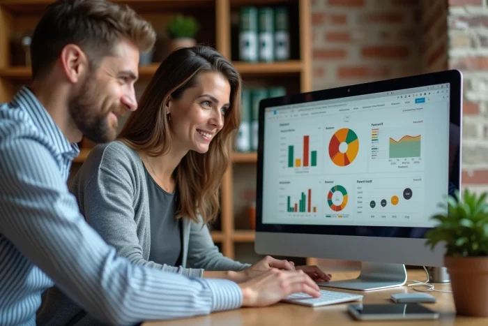 Deux collègues analysant ensemble les fonctionnalités d'un portail financier sur un écran de bureau en espace de coworking