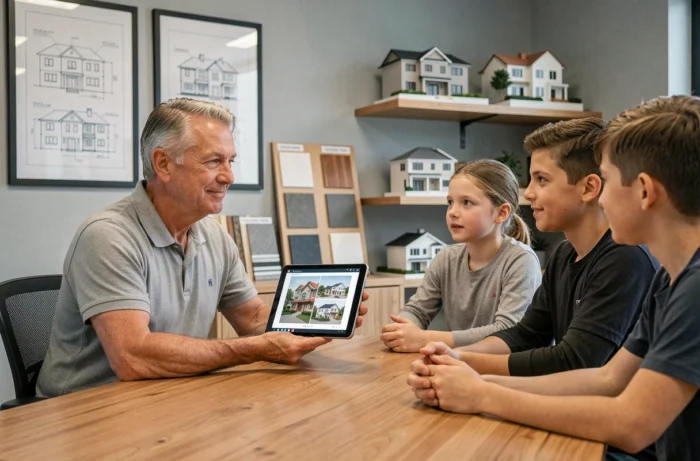 Constructeur professionnel présentant un projet de maison à une famille lors d'une réunion de conseil