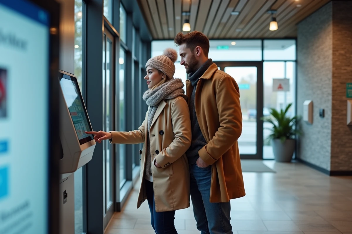 Jeune couple utilisant un kiosk digital pour prendre rendez-vous