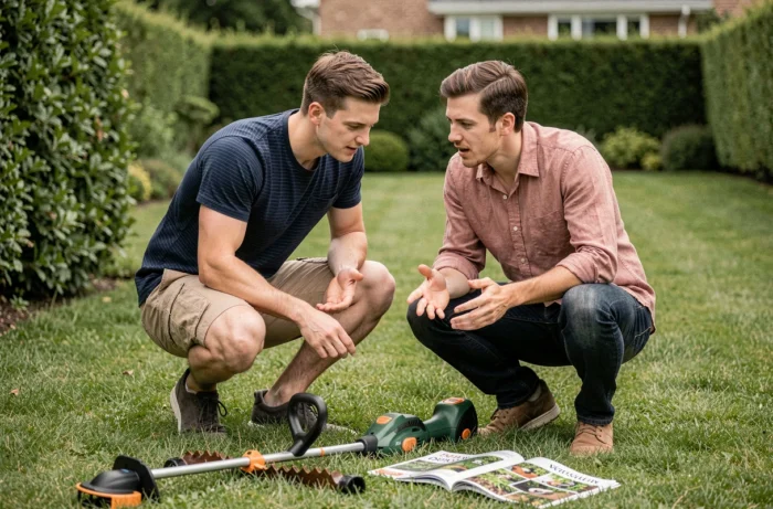 Couple choisissant un coupe-bordures sans fil dans un jardin verdoyant en consultant un catalogue