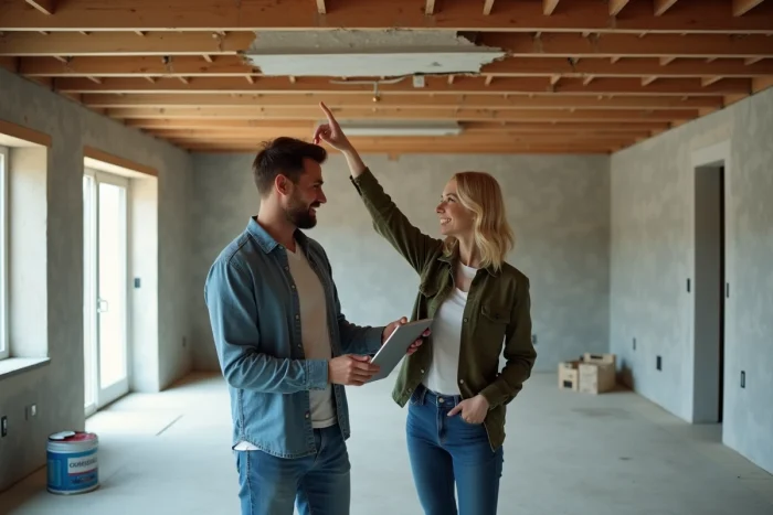 Couple comparant des artisans locaux et une plateforme en ligne dans une pièce en cours de rénovation