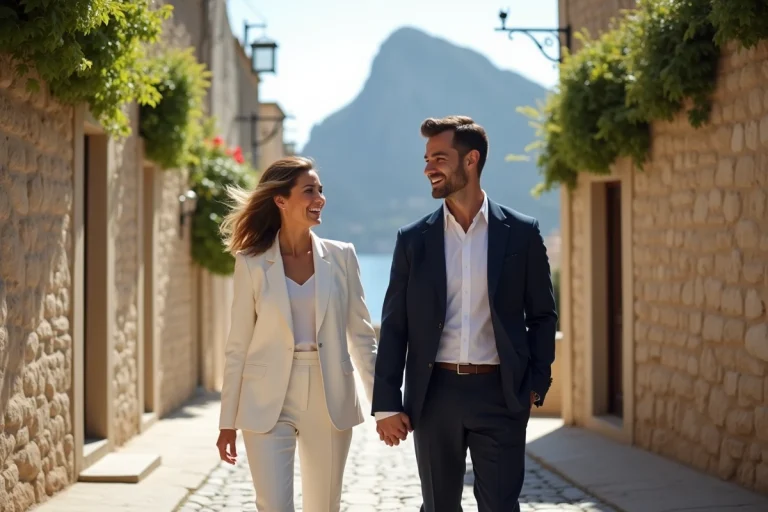 Couple souriant marchant dans Gibraltar avec le rocher en fond