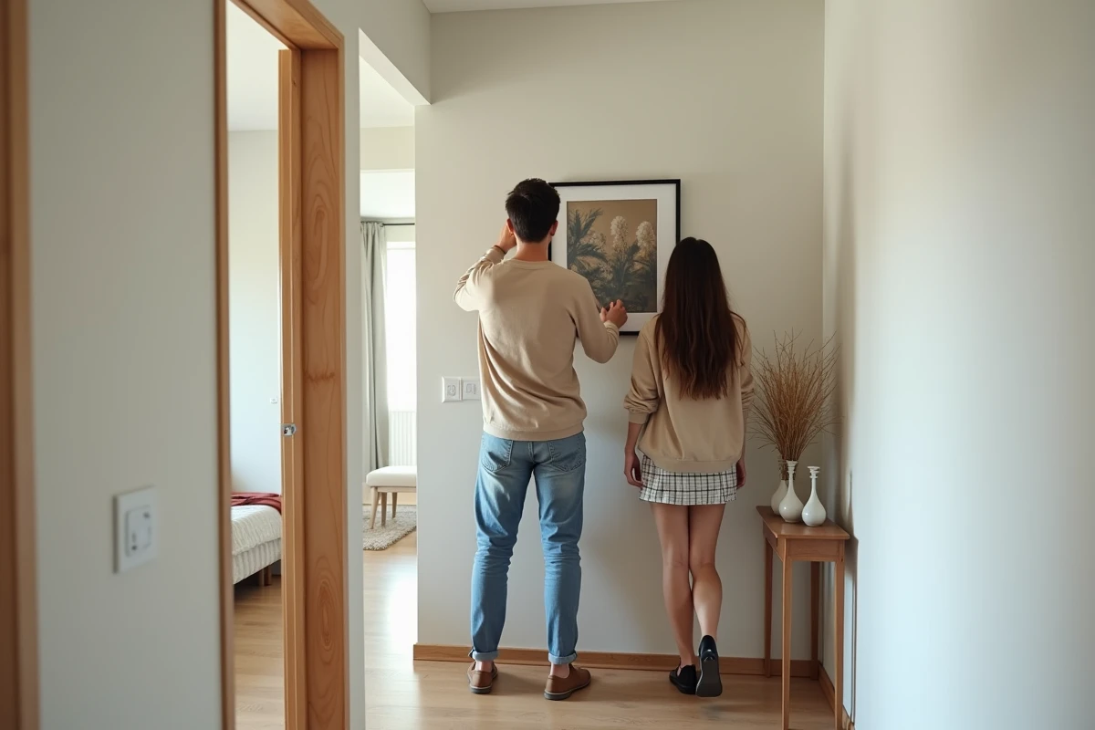 Jeune couple accrochant une photo dans un couloir