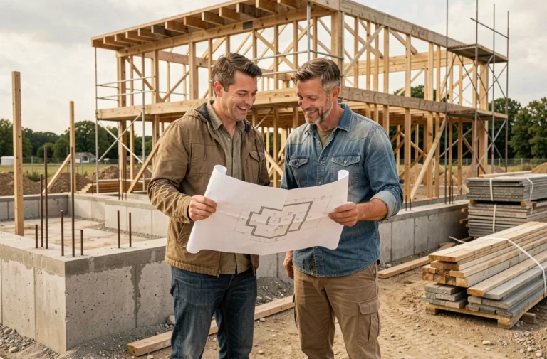 Couple étudiant des plans architecturaux devant un chantier de construction de maison individuelle