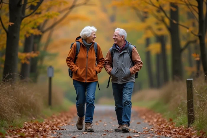 Couple de seniors se promenant ensemble en forêt en automne, évoquant la santé, le lien social et le plaisir de la retraite active