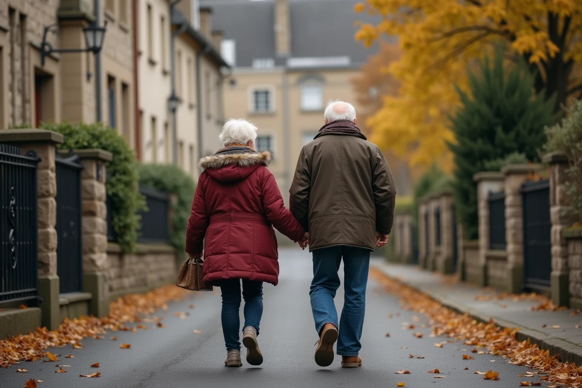 Couple âgé marchant dans une rue résidentielle calme