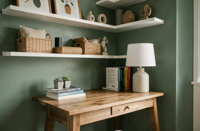Coin bureau maison décoré avec étagères en bois, plantes succulentes, objets décoratifs et mur vert sauge