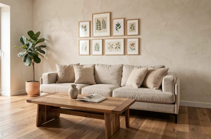 Salon moderne décoré avec soin, canapé en lin, table basse en bois, mur de cadres botaniques et plante verte d'intérieur