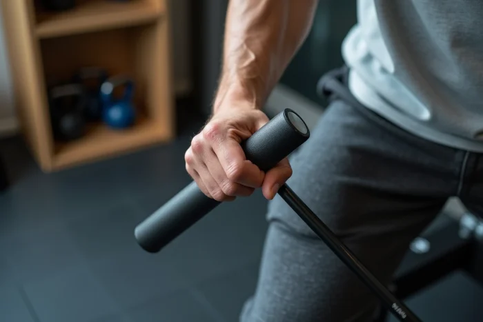 Détail du mécanisme de réglage de poids d'un appareil de musculation domestique avec poignées ergonomiques