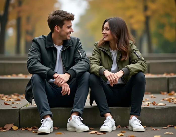 Deux amis portant des bombers Schott noir et kaki assis sur des marches urbaines, look streetwear tendance automne