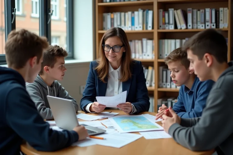 Enseignante et élèves planifiant ensemble un voyage scolaire autour d'une table avec des documents de formation