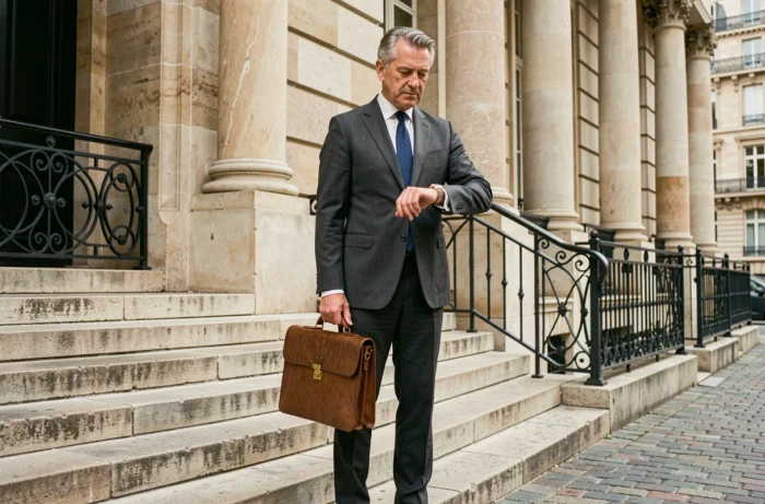 Entrepreneur français en costume charbon devant un bâtiment historique parisien près de la Bourse de Commerce, tenant une mallette en cuir