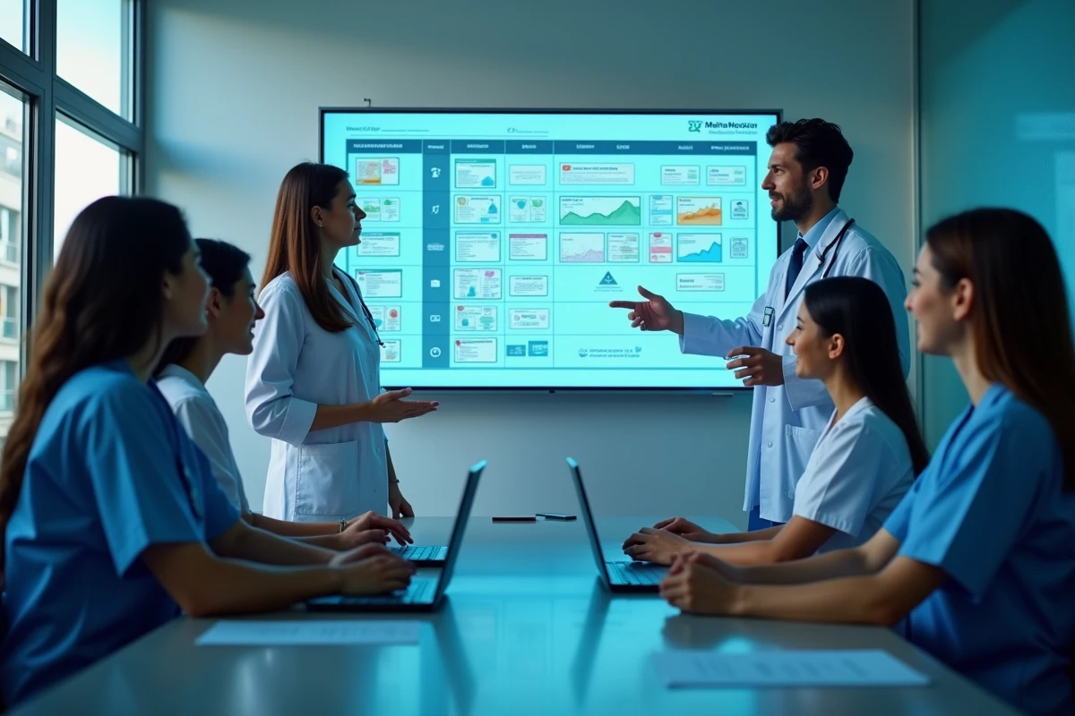 Equipe médicale collaborant autour d’un écran tactile en hôpital