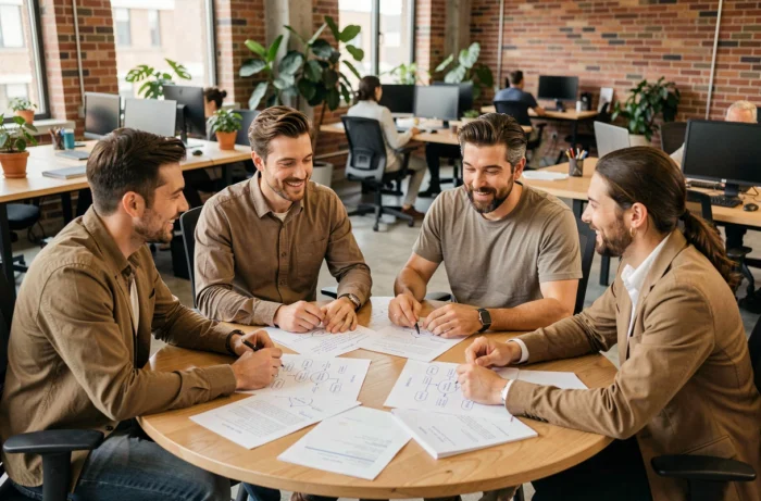 Une équipe de professionnels collabore autour d'une table pour résoudre un problème en appliquant ensemble la méthode des 5 pourquoi