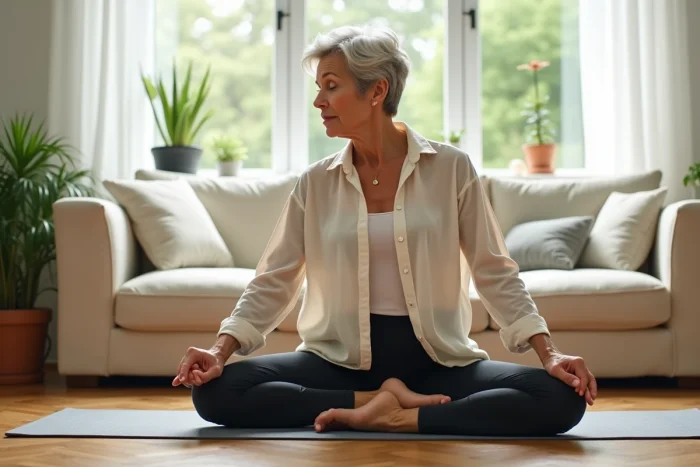 Femme pratiquant des étirements doux pour soulager la douleur des côtes flottantes à domicile sur un tapis de yoga