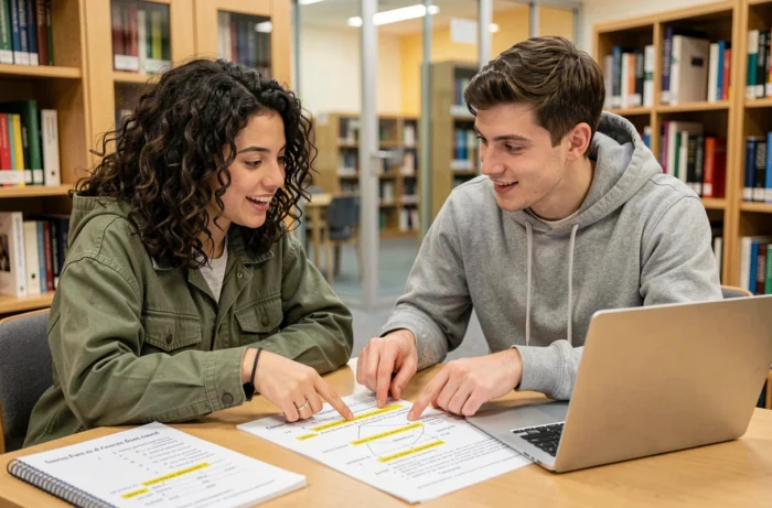Deux étudiants universitaires révisant ensemble les connecteurs logiques français dans une bibliothèque avec des fiches et un ordinateur portable