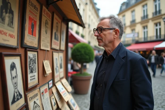 Homme parcourant des affiches culturelles lors d'un marché artistique en plein air à Paris