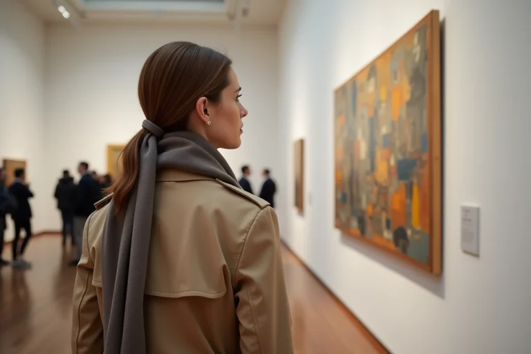 Femme admirant une peinture abstraite dans un musée parisien lors d'une exposition d'art contemporain