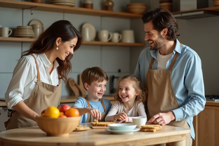 Famille souriante préparant le petit déjeuner ensemble