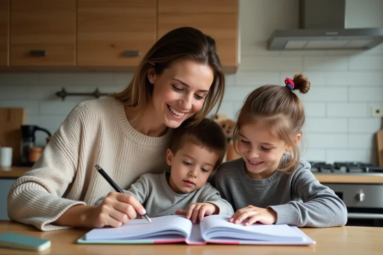 Femme souriante avec ses enfants dans la cuisine en train de regarder un planner