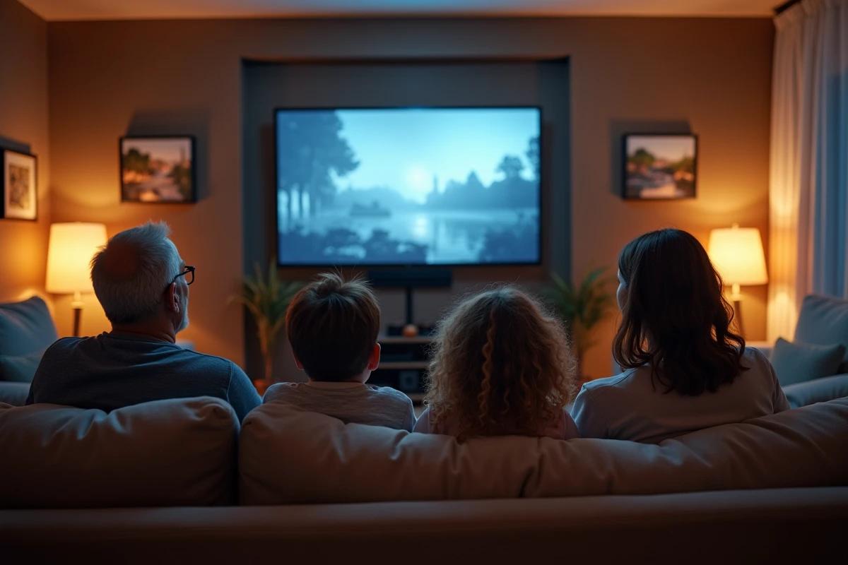 Famille regardant un film dans un home cinéma convivial