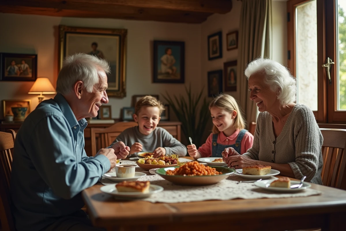 Trois générations partageant une choucroute dans une salle à manger traditionnelle