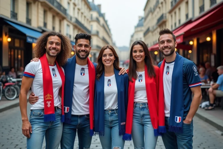 Cinq fans de football français souriants dans une rue parisienne