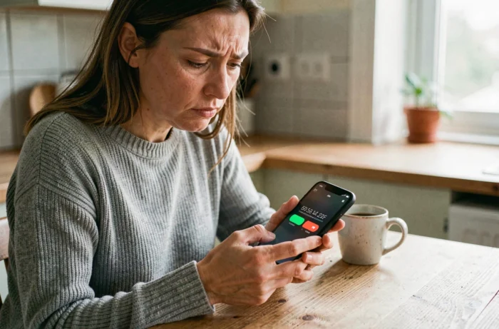 Femme regardant avec méfiance un appel téléphonique inconnu sur son smartphone dans une cuisine