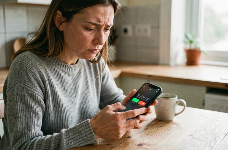 Femme regardant avec méfiance un appel téléphonique inconnu sur son smartphone dans une cuisine