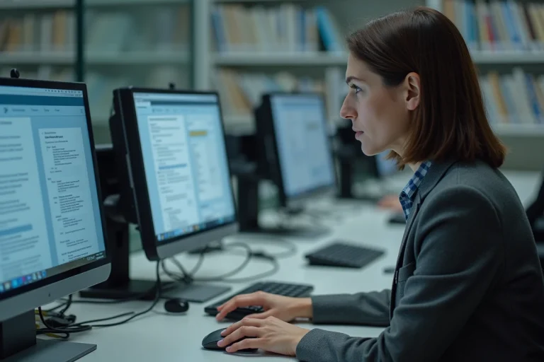 Femme d'âge moyen recherchant permis de construire à un ordinateur