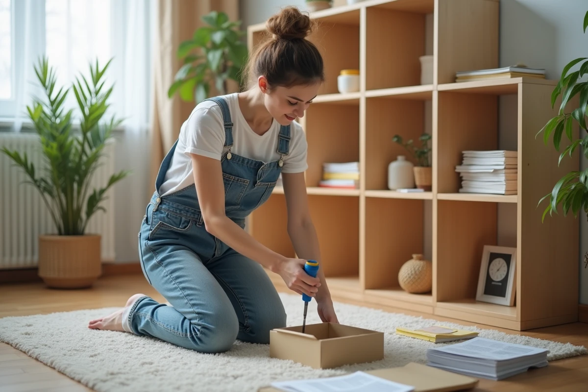 Jeune femme assemblant une étagère avec un tournevis dans le salon