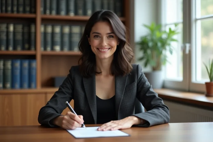 Femme associée signant un accord financier lié à un compte courant d'associé dans un bureau comptable ou notarial