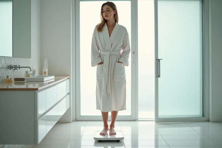 Femme adulte debout sur une balance médicale dans une salle de bain moderne, illustrant la mesure du poids idéal selon la taille et l'âge