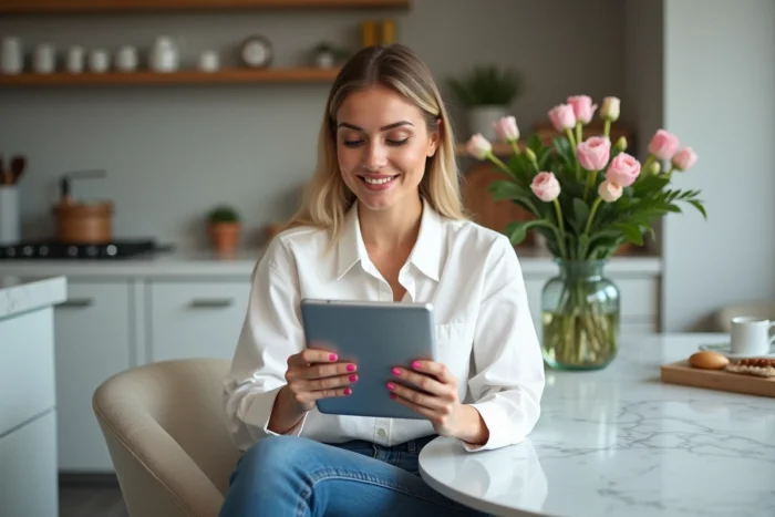 Femme élégante utilisant une tablette dans une cuisine moderne