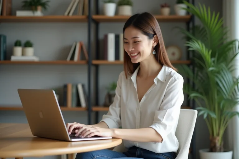 Femme souriante vérifiant son dossier CPF sur son ordinateur