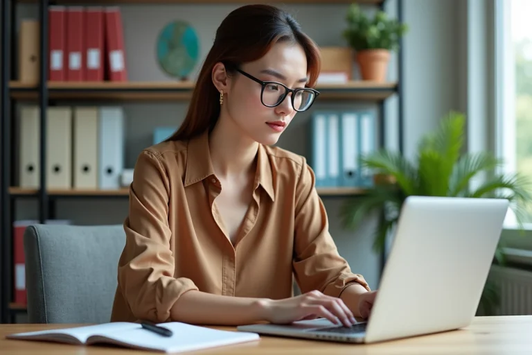 Femme au bureau travaillant sur son ordinateur portable