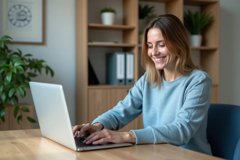 Femme souriante dans un bureau moderne avec ordinateur