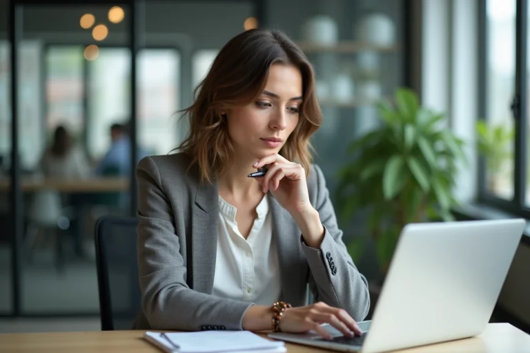 Femme en bureau moderne utilisant un ordinateur portable